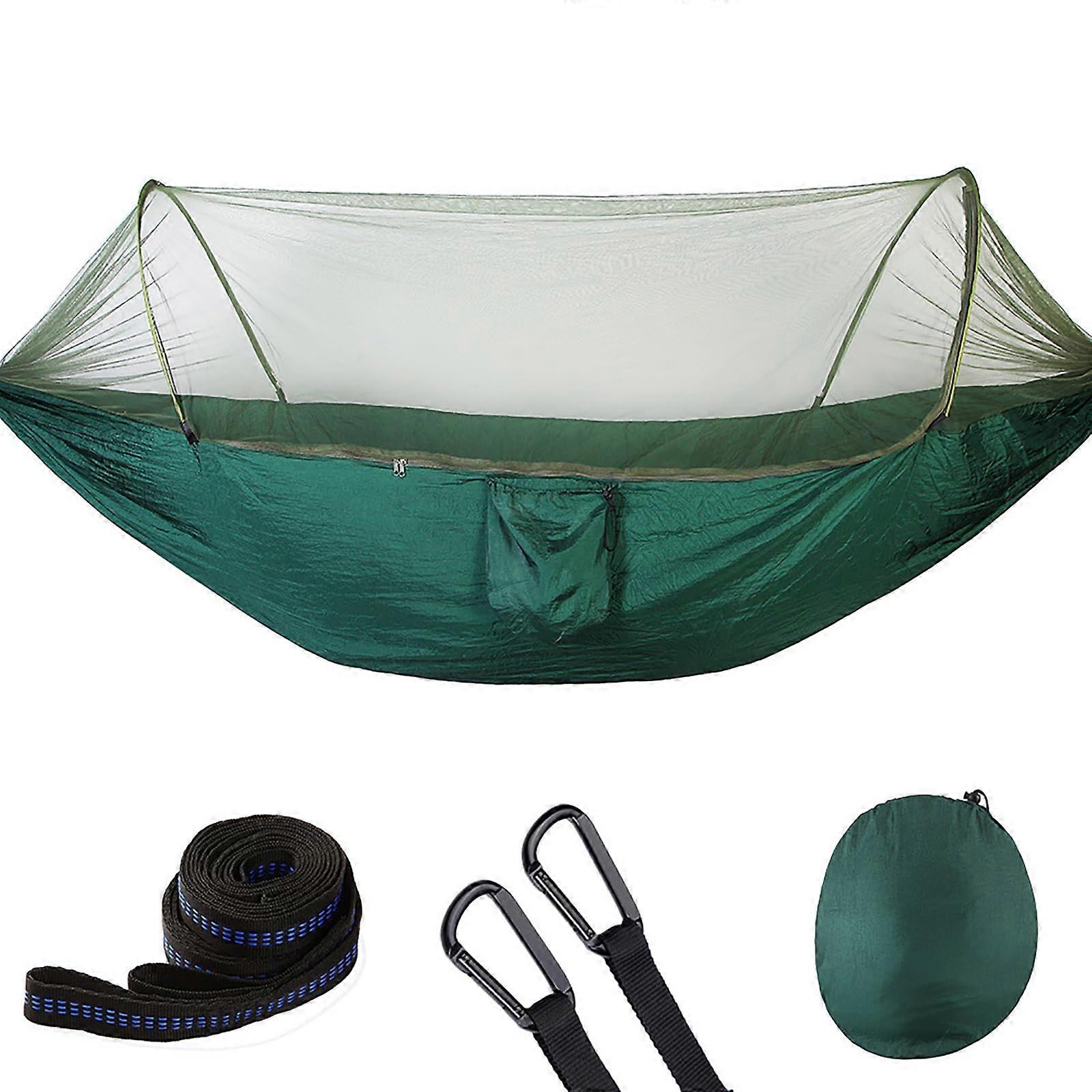 Double Camping Hammock with Mosquito Net, Automatic Quick Opening, 290x140cm Dark Green, 200kg