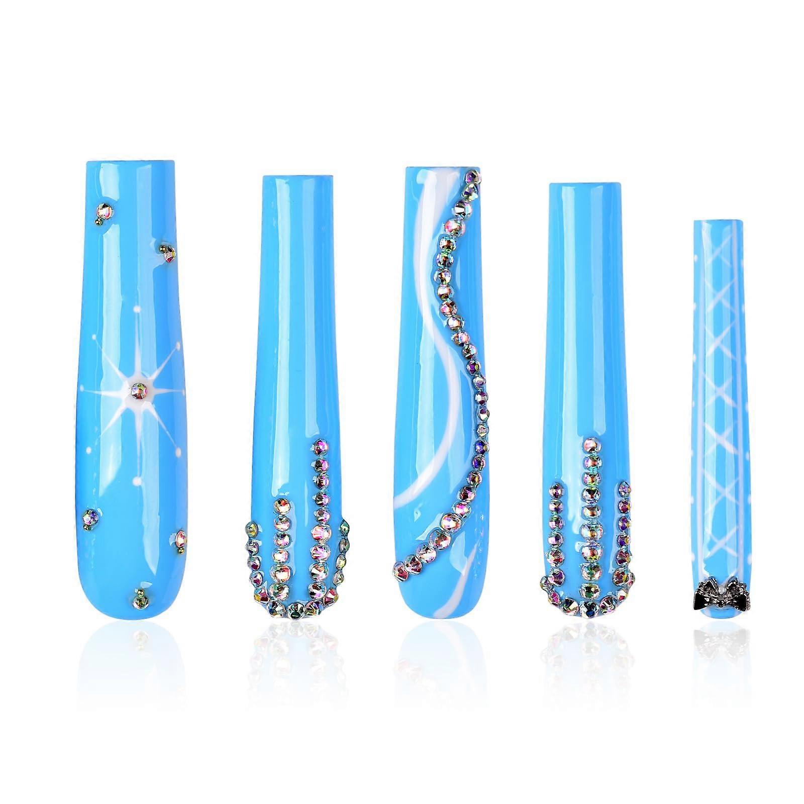 10pc Extra Long Press On Nails with Crystals, Elegant Square Shape, Reusable Handmade