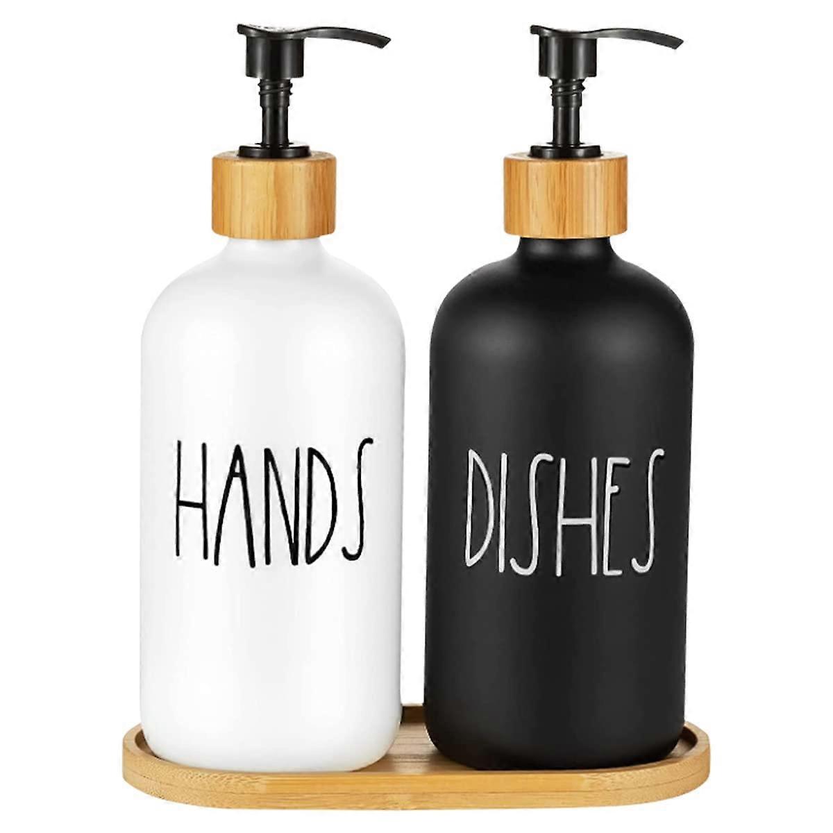 2 Pack Glass Soap Dispenser Set with Bamboo Pump, 16oz Refillable Rustic Style for Kitchen and Bathroom