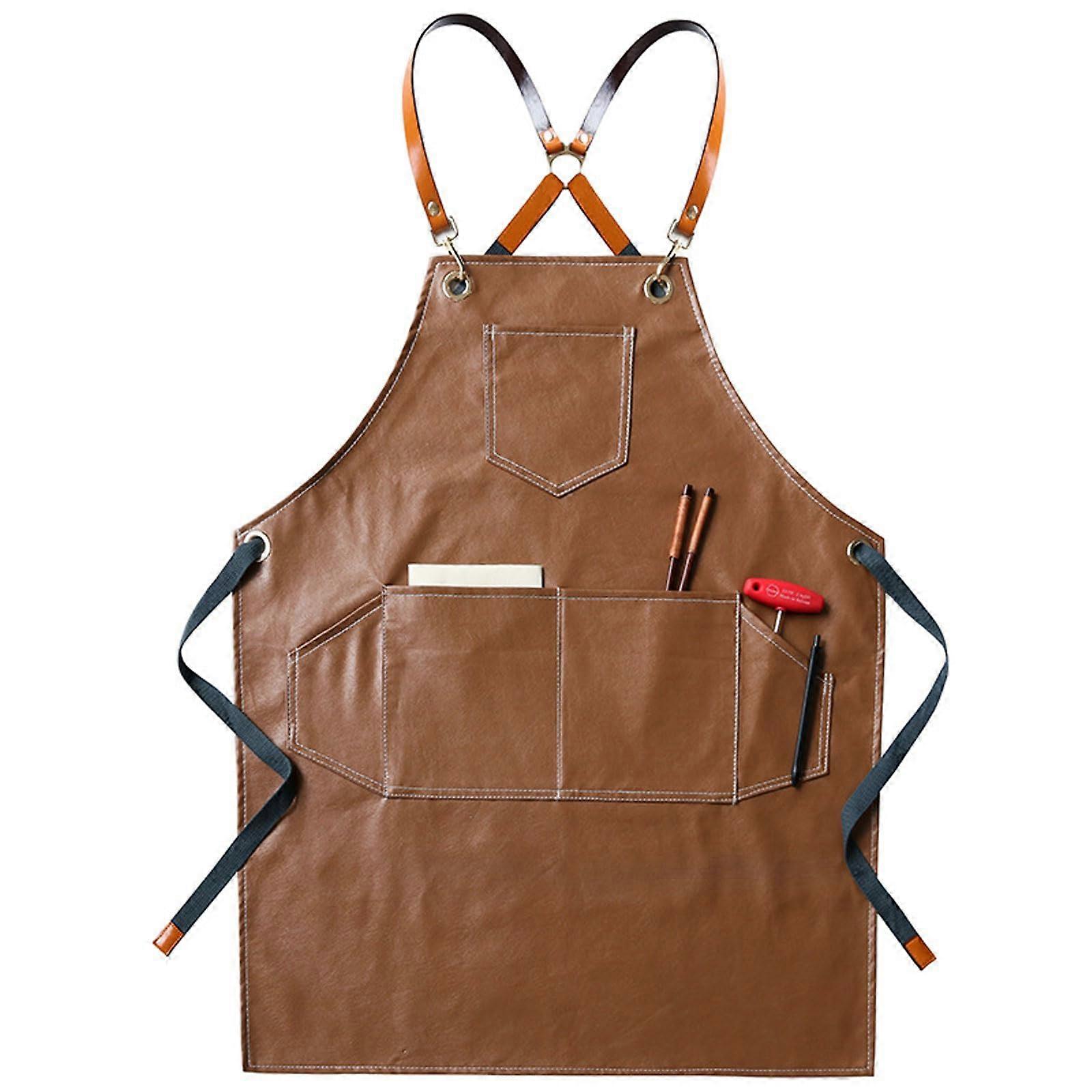 Waterproof PU Leather Gardening Apron with Multiple Tool Pockets for Yard Work Brown 60x75cm