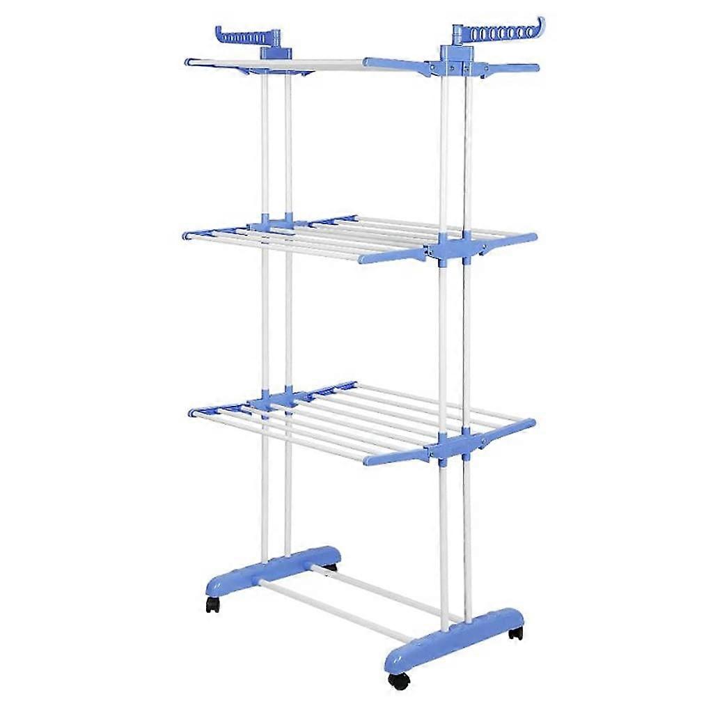 6Layer Adjustable Folding Clothes Drying Rack with Wheels, Blue SpaceSaving Laundry Hanger