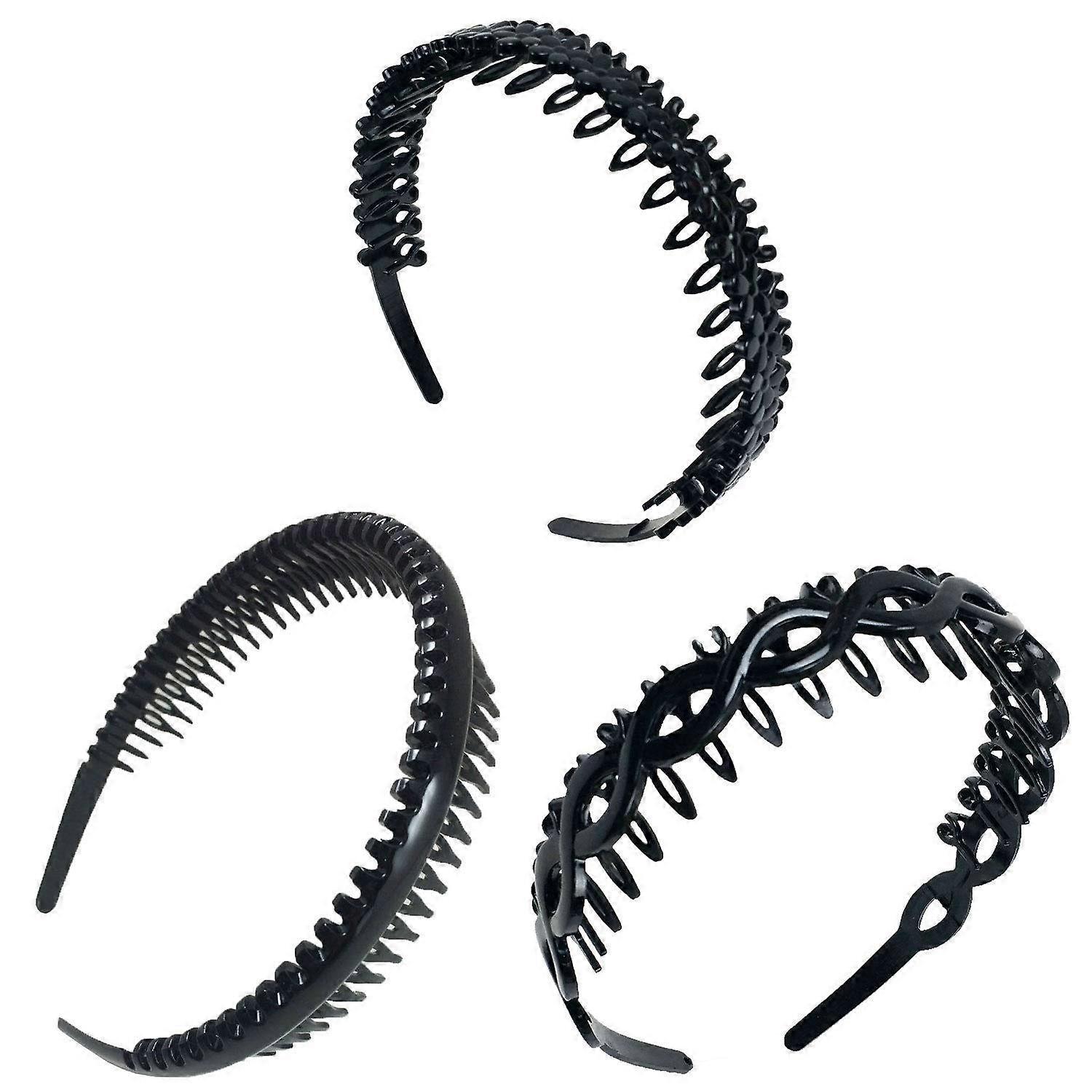 Black Plastic Teeth Comb Headband Set for Ladies, 3pcs Assorted Styles, Lightweight, One Size
