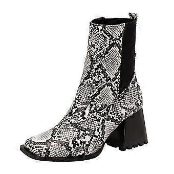 Damen-Ankle-Boots mit eckiger Zehenpartie, Blockabsatz, elastischem Leder, mittelhohem Schaft, zum Hineinschlüpfen, bequem, Grau, Größe 6,5 UK