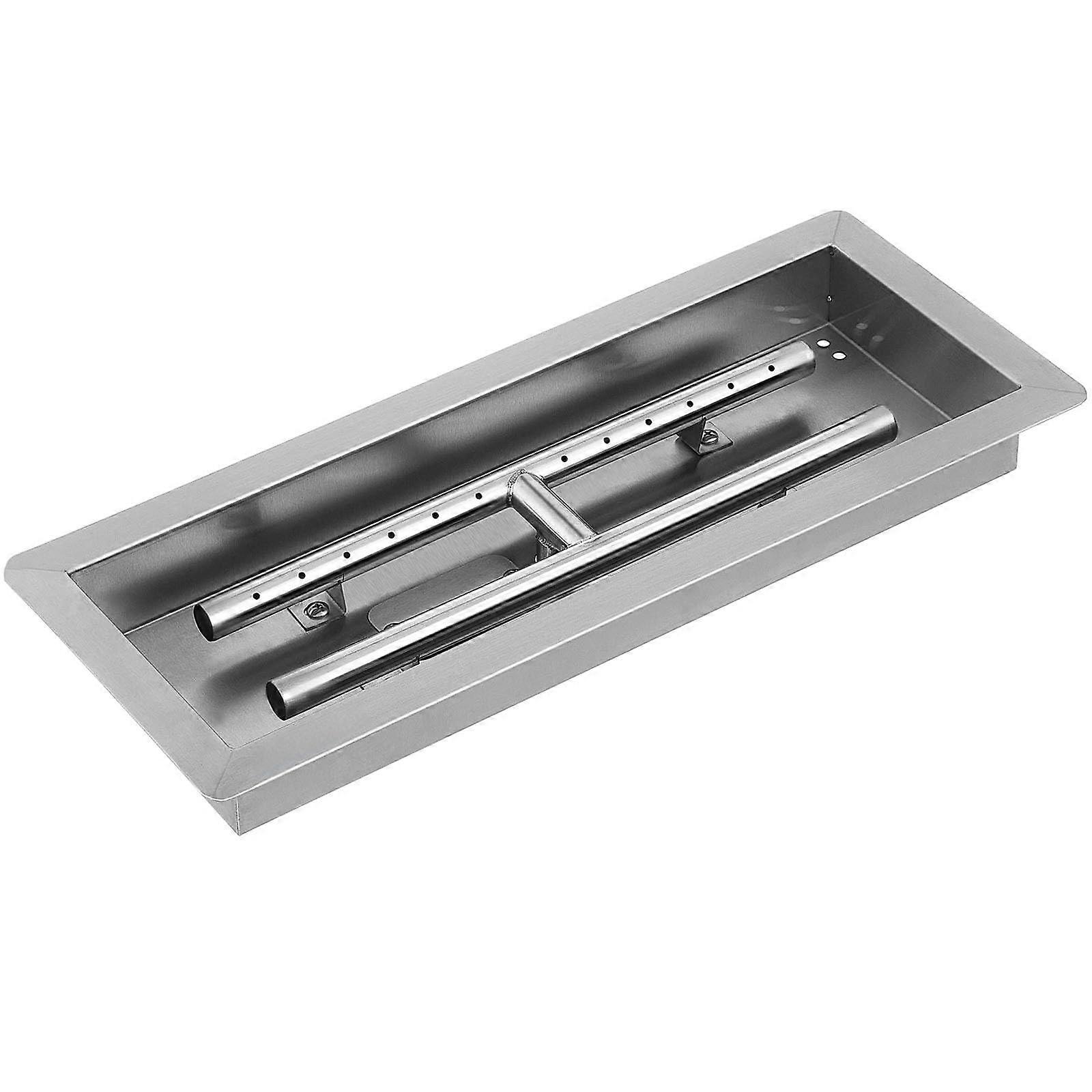 Rectangular Stainless Steel Fire Pit Pan 20x8 with HBurner, Even Flame Distribution, Silver