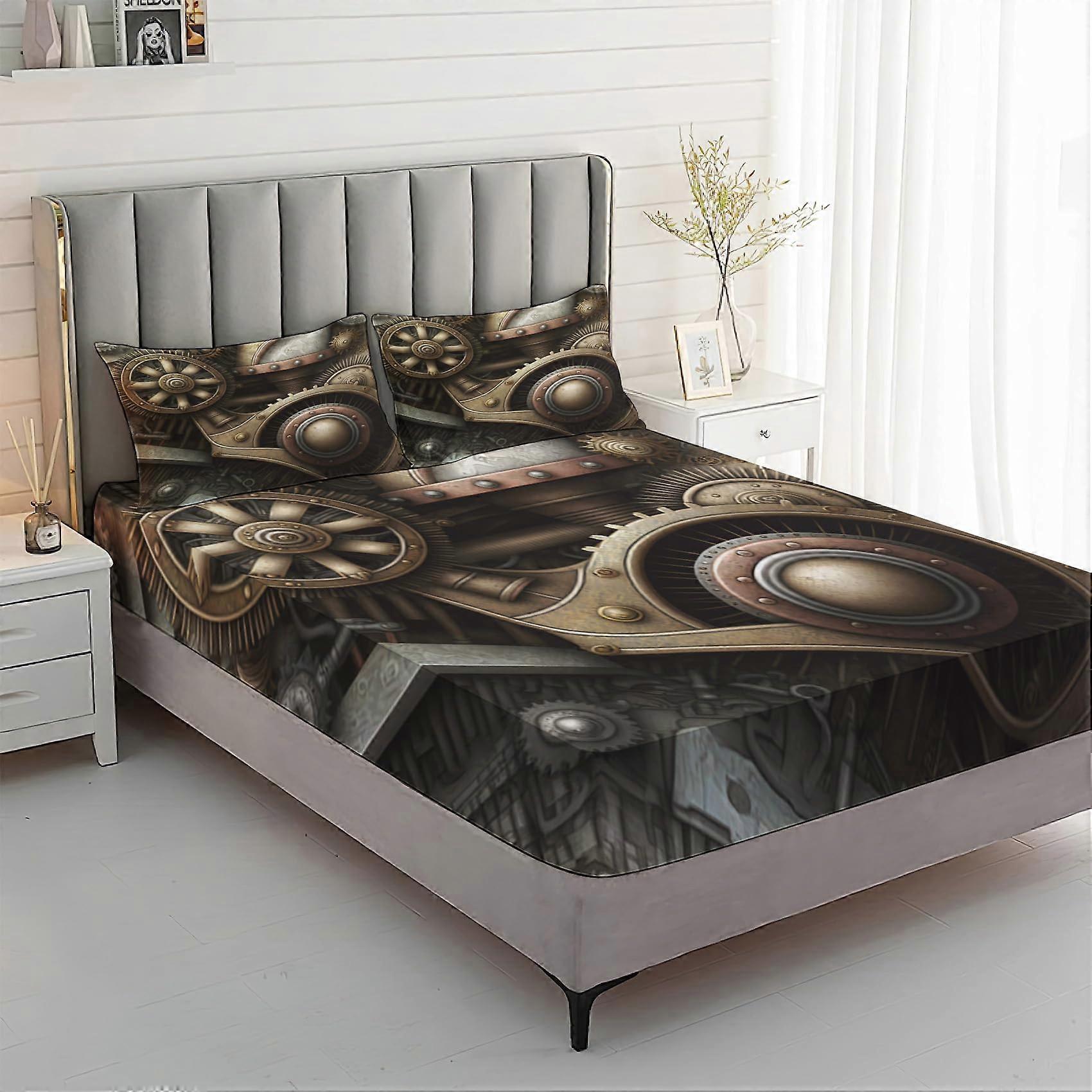 Steampunk King Size Bed Sheets Set with Mechanical Gear Pattern, Deep Pocket Soft Microfiber 4 Piece
