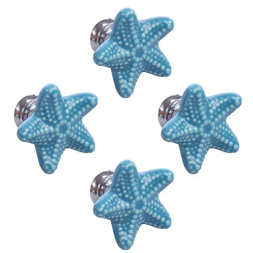 Home Use Ceramic Door Handle Drawer Knobs Blue 4Pcs Star Shaped Pulls