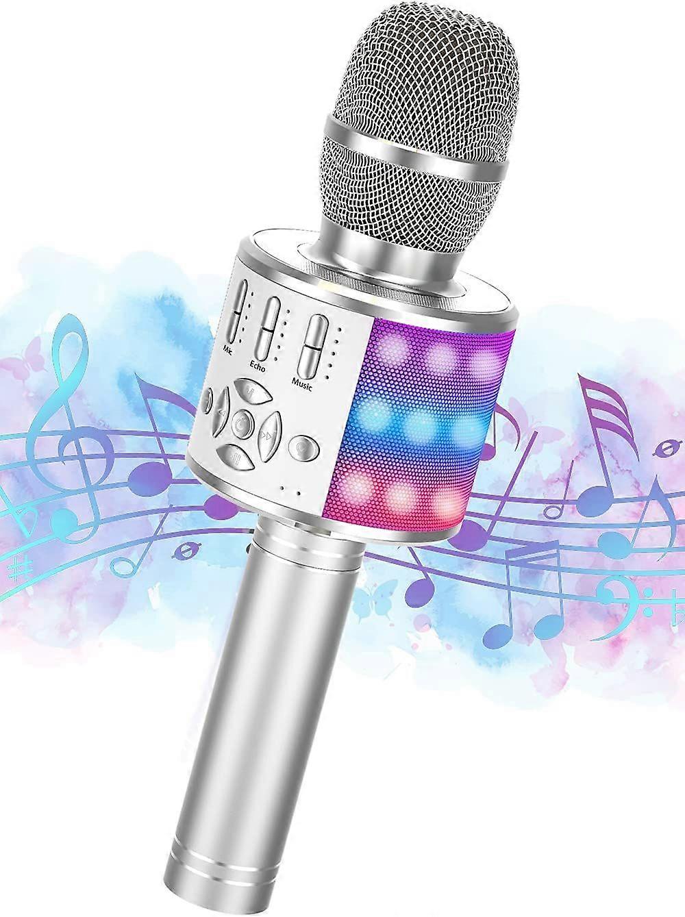 Karaoke Wireless Bluetooth Microphone for Android/iOS, with Recording Function, Dancing LED Lights - Portable, Silver
