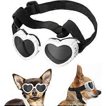 Hjerteformede hundebriller, justerbare solbriller til kæledyr, vindtætte anti-UV støvtætte beskyttelsesbriller til små mellemstore hunde, hvid