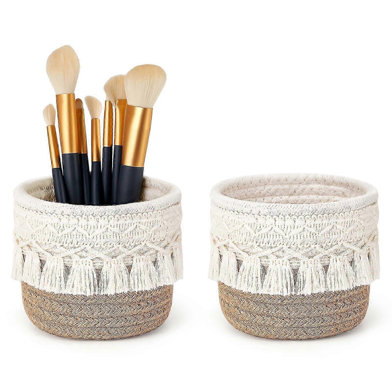 Macrame Makeup Brush Organizer Set 2-Piece Boho Decor Baskets Multi-Pack Storage Solution