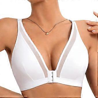 Front Clasp Bra for Women Deep V Mesh Panel Neckline Wireless Full Cup Daily Wear Bra with Adjustable Shoulder Straps  White XL