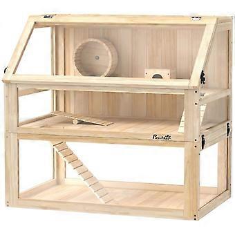 Cage en bois pour hamster, 3 niveaux, avec couvercle à charnière et roue d'exercice, 80 x 50 x 76 cm, bois naturel