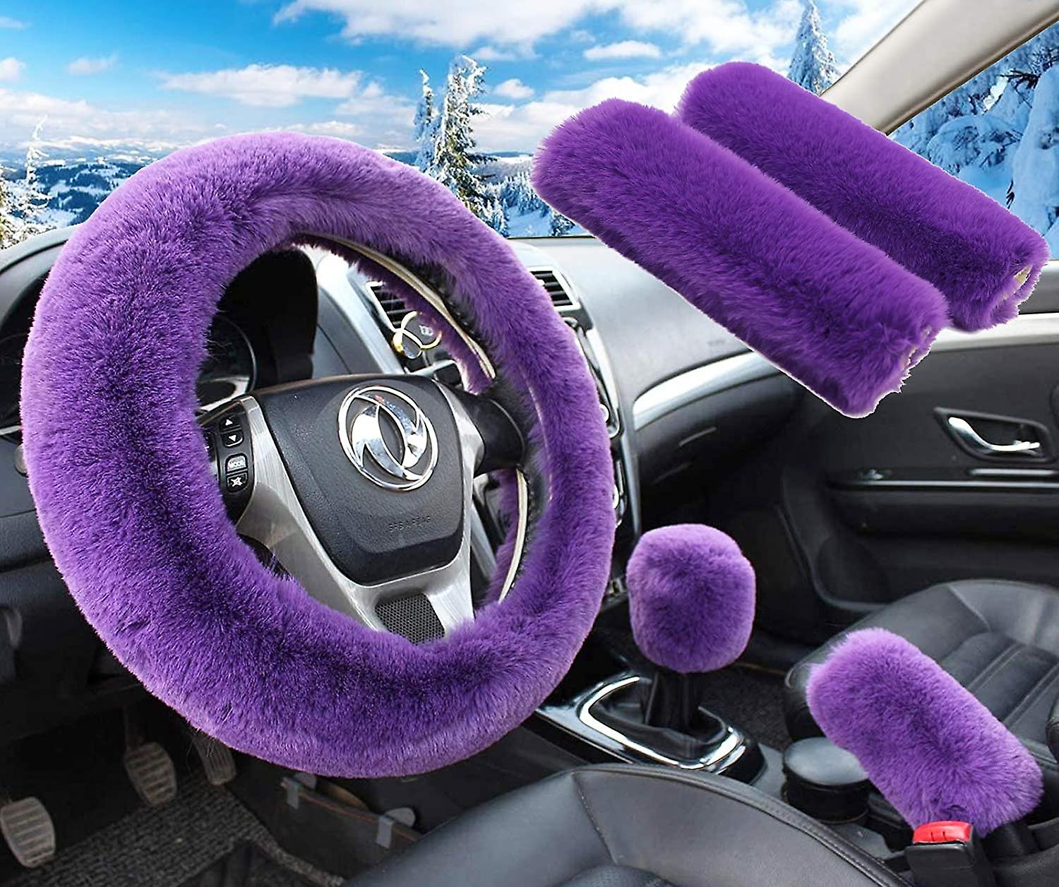 5pcs σε 1 σετ Faux μαλλί κάλυμμα τιμονιού μαλακό χνουδωτό κάλυμμα χειρόφρενου &; κάλυμμα αλλαγής ταχυτήτων & 2pcs ζώνη ασφαλείας μαξιλαράκια ώμου ζεστό Universal Fit για 15 I