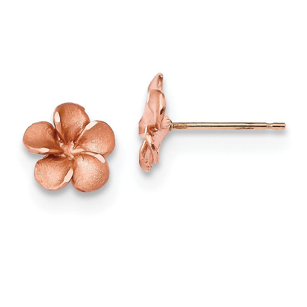 14Kローズロジウムスパークルカットプルメリアポストイヤリング8.5x8.5mmワイドスタッドイヤリング女性用