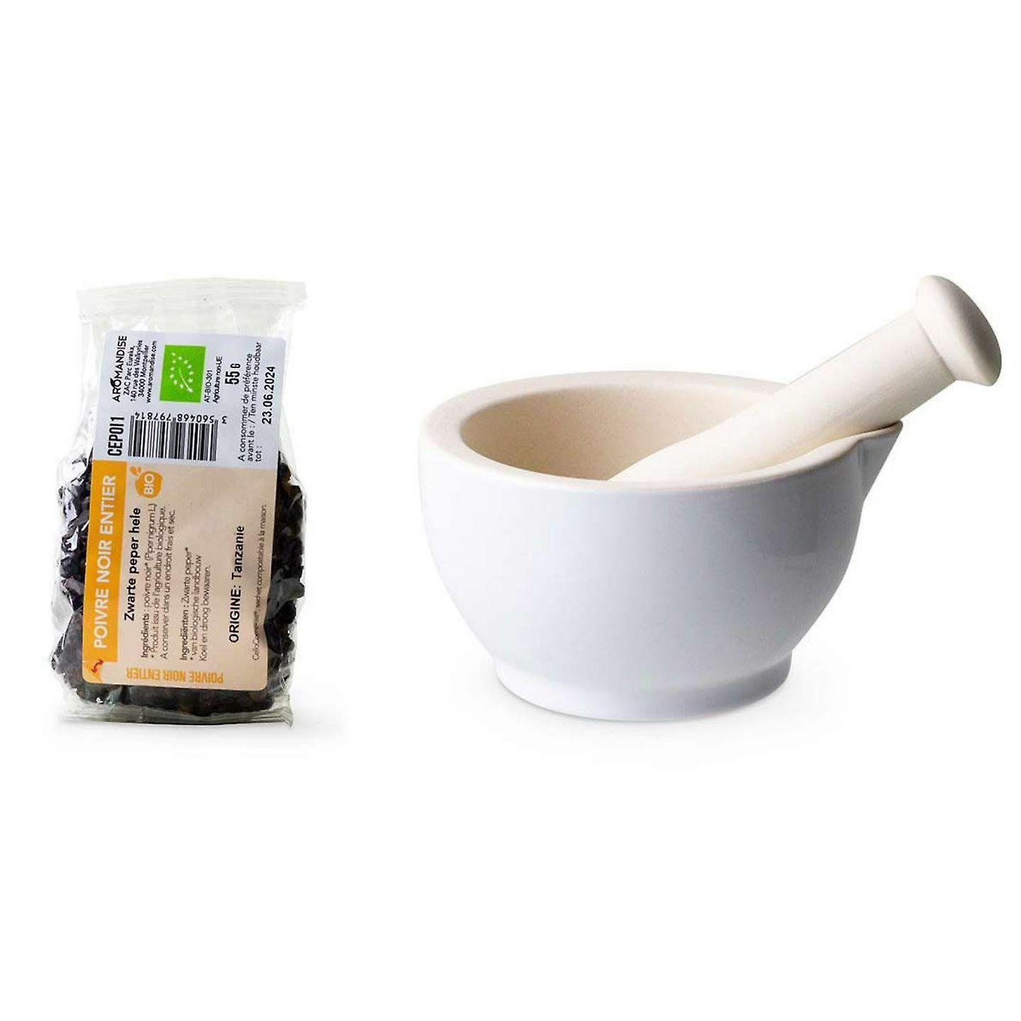 White Stoneware Mortar and Pestle + Organic Whole Black Pepper - 55 g