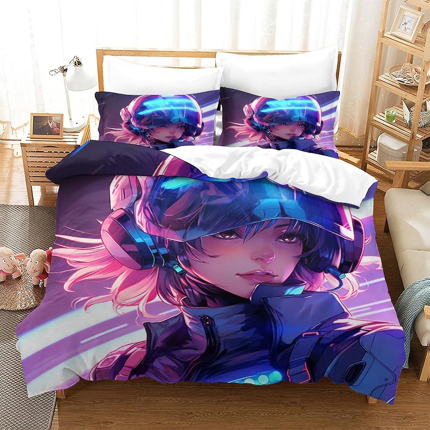 Helmet Girl Bedding Set 3D Outer Space Duvet Cover Set, Soft 100% Microfiber Bed Set 3PCS, Print Single Double King Size Microfibre Duvet Cover Set wi
