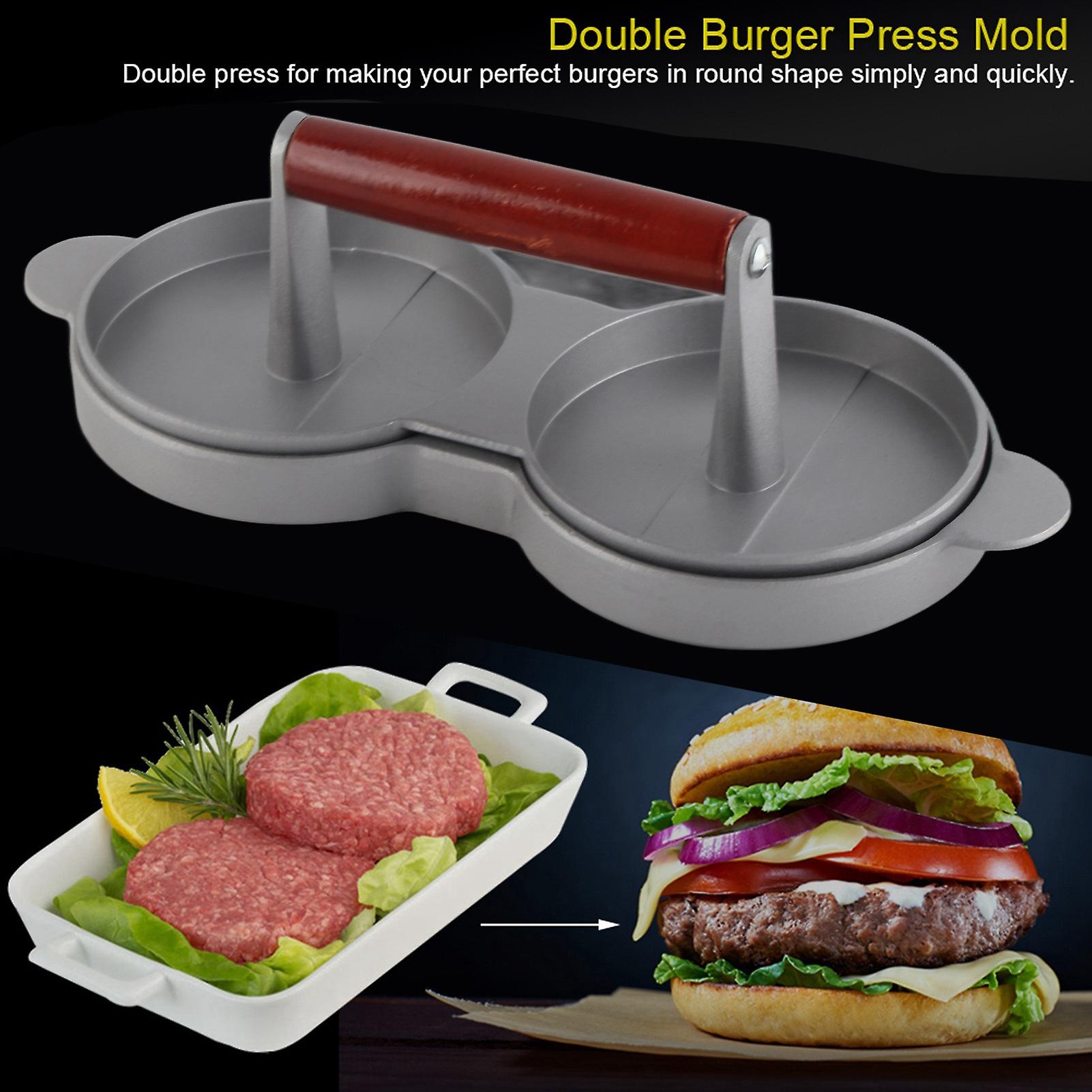 Double Compartment Burger Press, Double Hamburger Press,Aluminum Double Burger Press with Wooden Handle for Hamburger Meat Beef Kitchen Tools