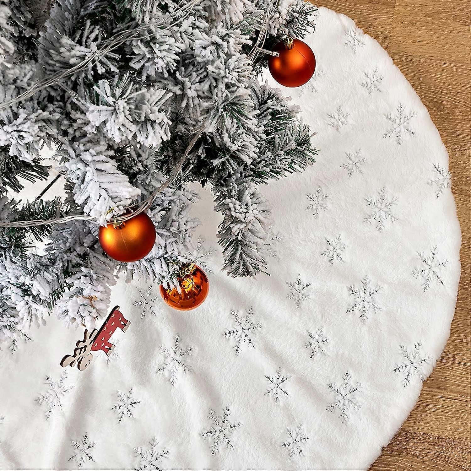 White Christmas Tree Skirt Silver Sequins Snowflake Decor