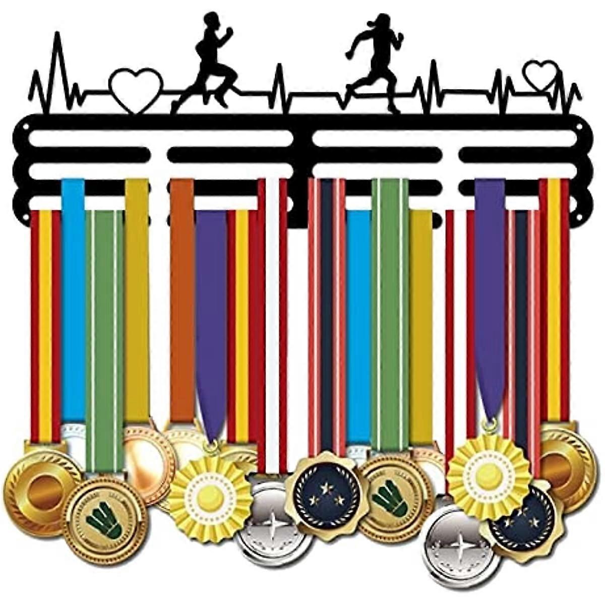 Running Medal Holder ECG Pattern Medals Display Hanger Black Iron Wall Mounted Hooks for Competition Medal Holder Display Wall Hanging
