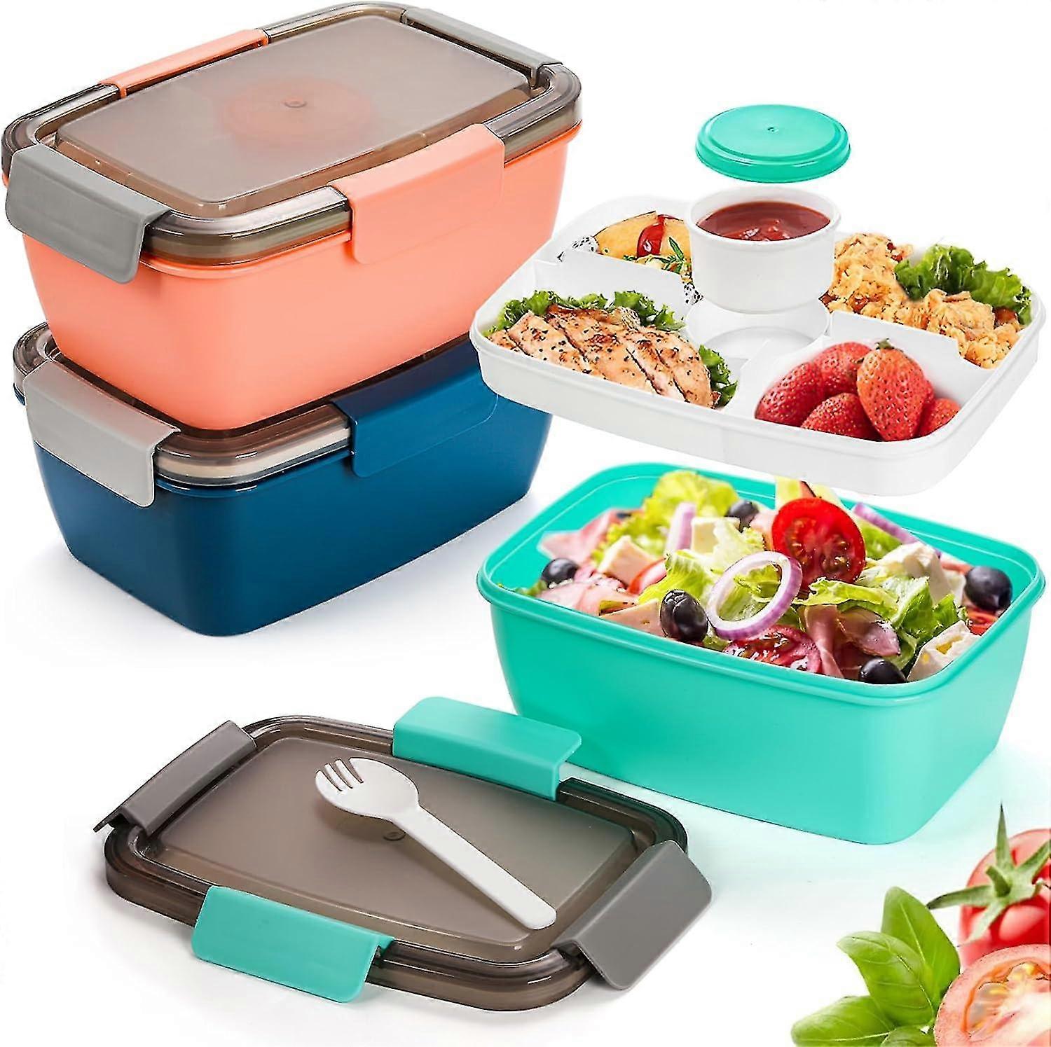 3 Stück Salat-Lunch-Behälter mit 4-Fächer-Tablett, Bento-Lunchbox mit Löffel und Dressing-Becher