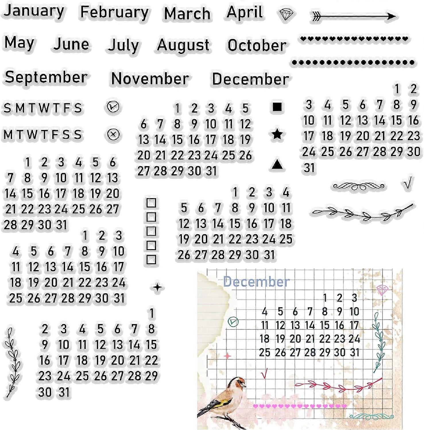Calendar Clear Stamps Week Month Words Number Reusable Retro Transparent Silicone Stamp Seals for Scrapbooking Photo Album Decorative Journaling Card