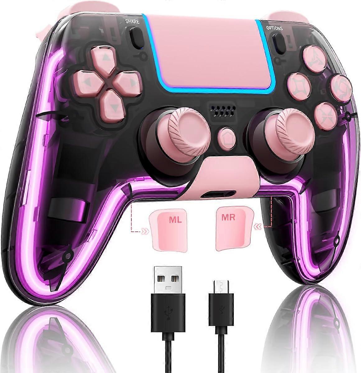 Wireless Controller forPS4 with Hall 3D Joysticks/RGB LED Lights/Programming Funtion,Pink PS4Controller Remote Joystick Gamepad,Game Controller for PS