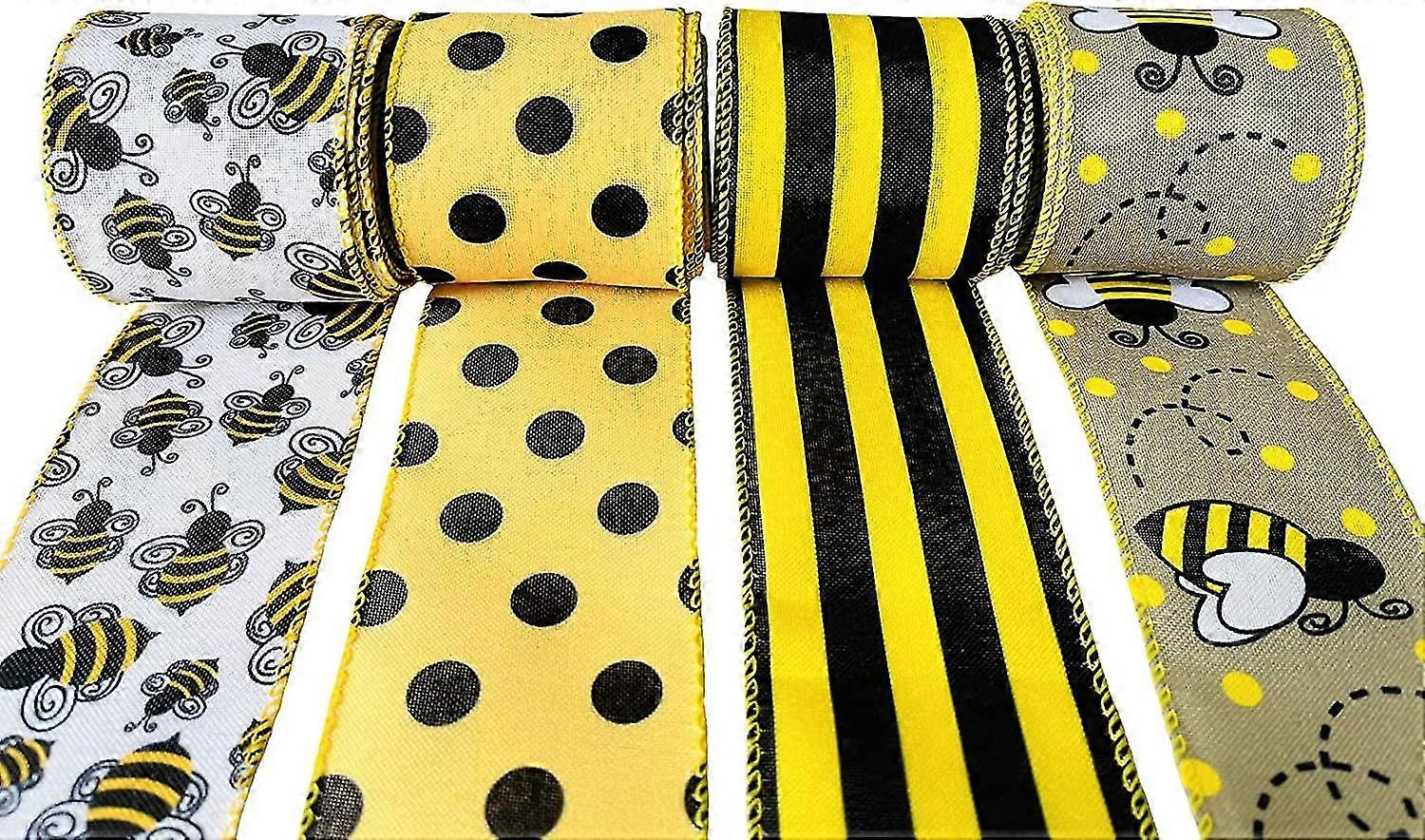 Bumble Bee Ribbon Wired 26 Yard Polka Dot Wired Edge Fabric Ribbon Bee Vertical Stripe Craft Ribbon Decorative Ribbon Diy For Wrapping, Party Decorati