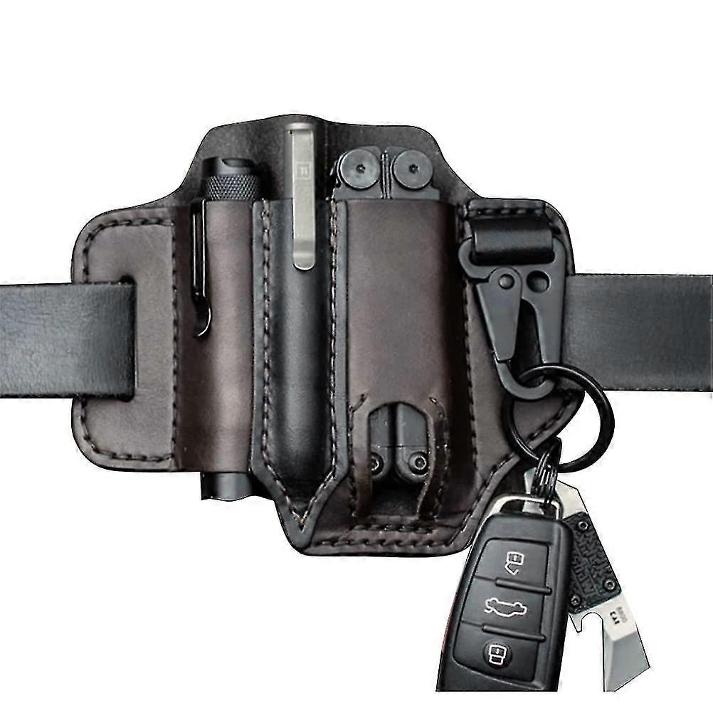 Leather Organizer Sheath Belt Buckle Leather Multi-function Tool Holder With Key Holder For Belt And Flashlight