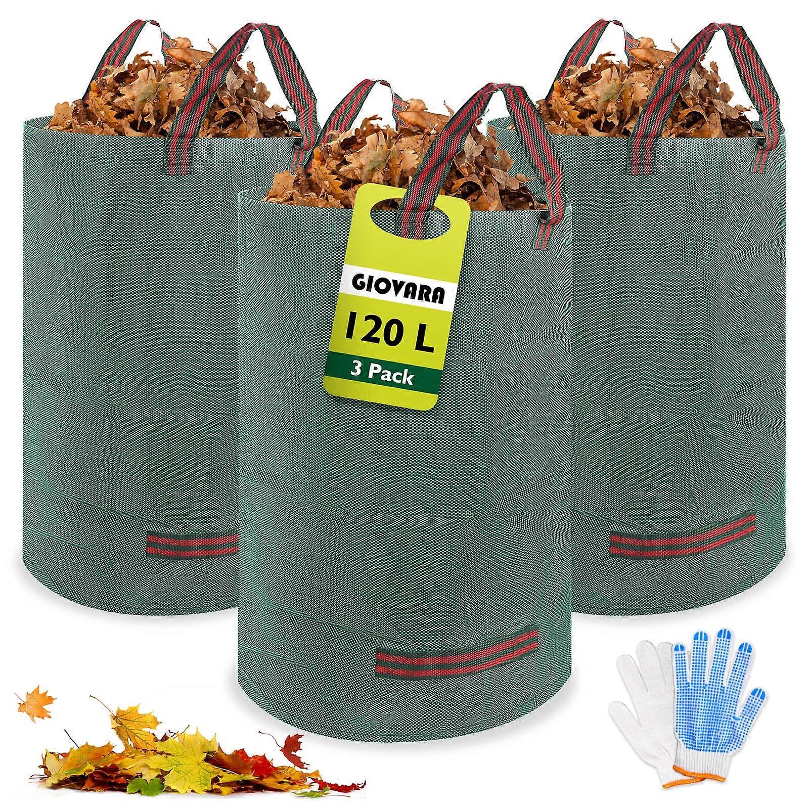3 x 120L Garden Waste Bags,Waterproof Heavy Duty Large Refuse Sacks with Handles,Foldable and Reusable (3)