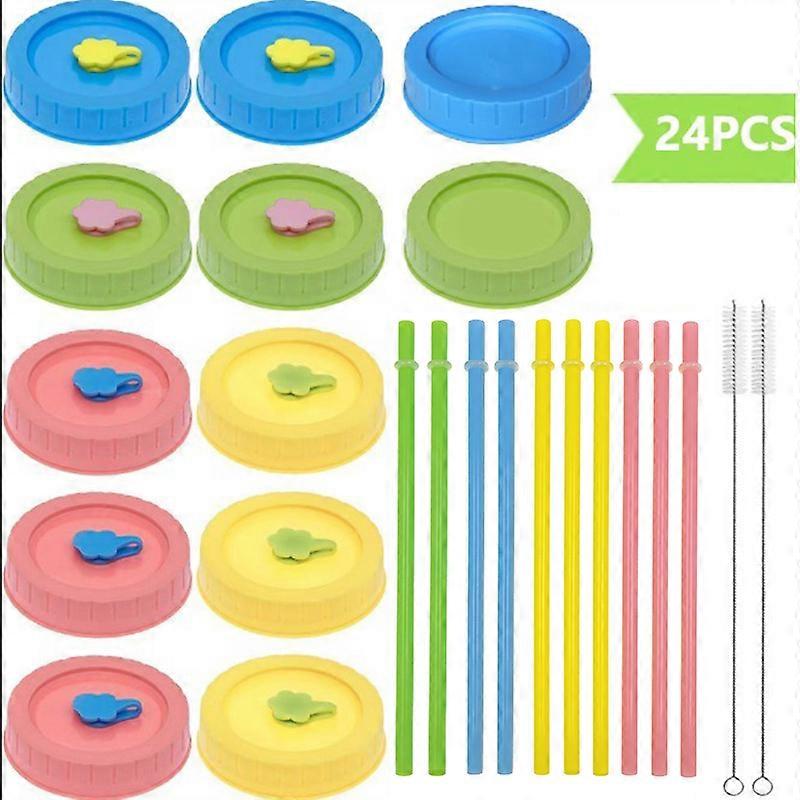 24pcsレギュラーマウスメイソンジャー蓋、ストローホール付き/プラスチックストロー/シリコンストッパー/シリコンリング/クリーンイン