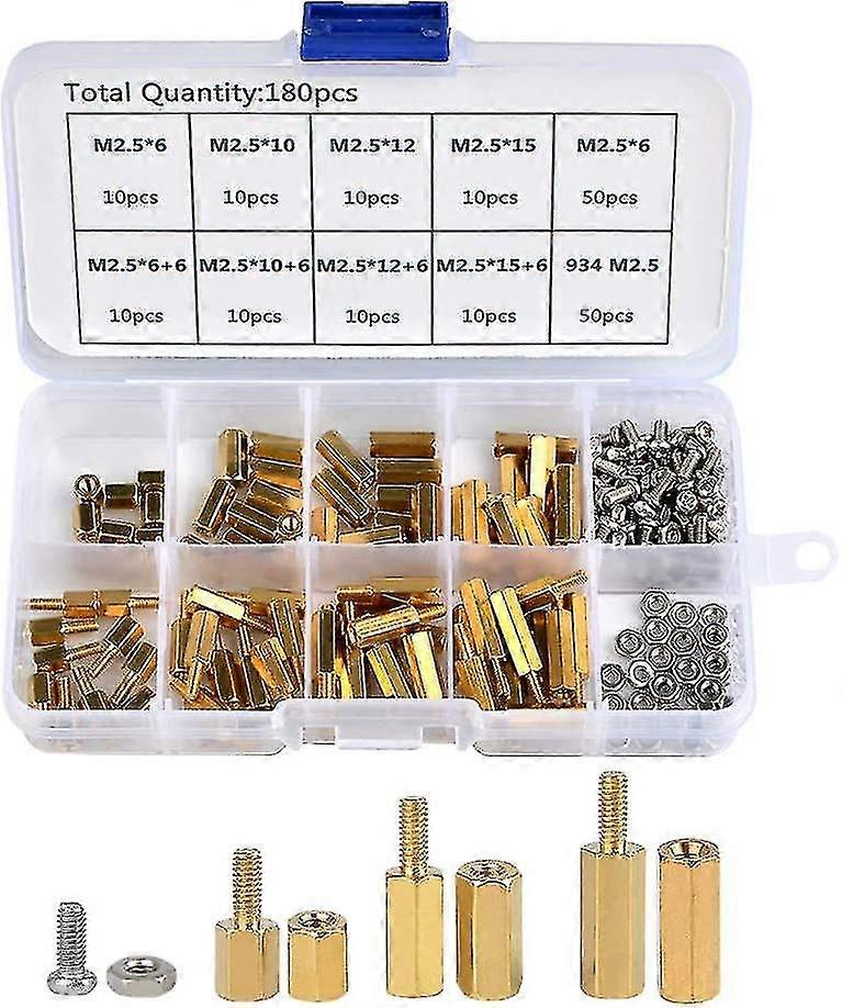 180pcs M2.5 hex messing spacer standoff og rustfritt stål kolonnemutter sortiment, 6mm