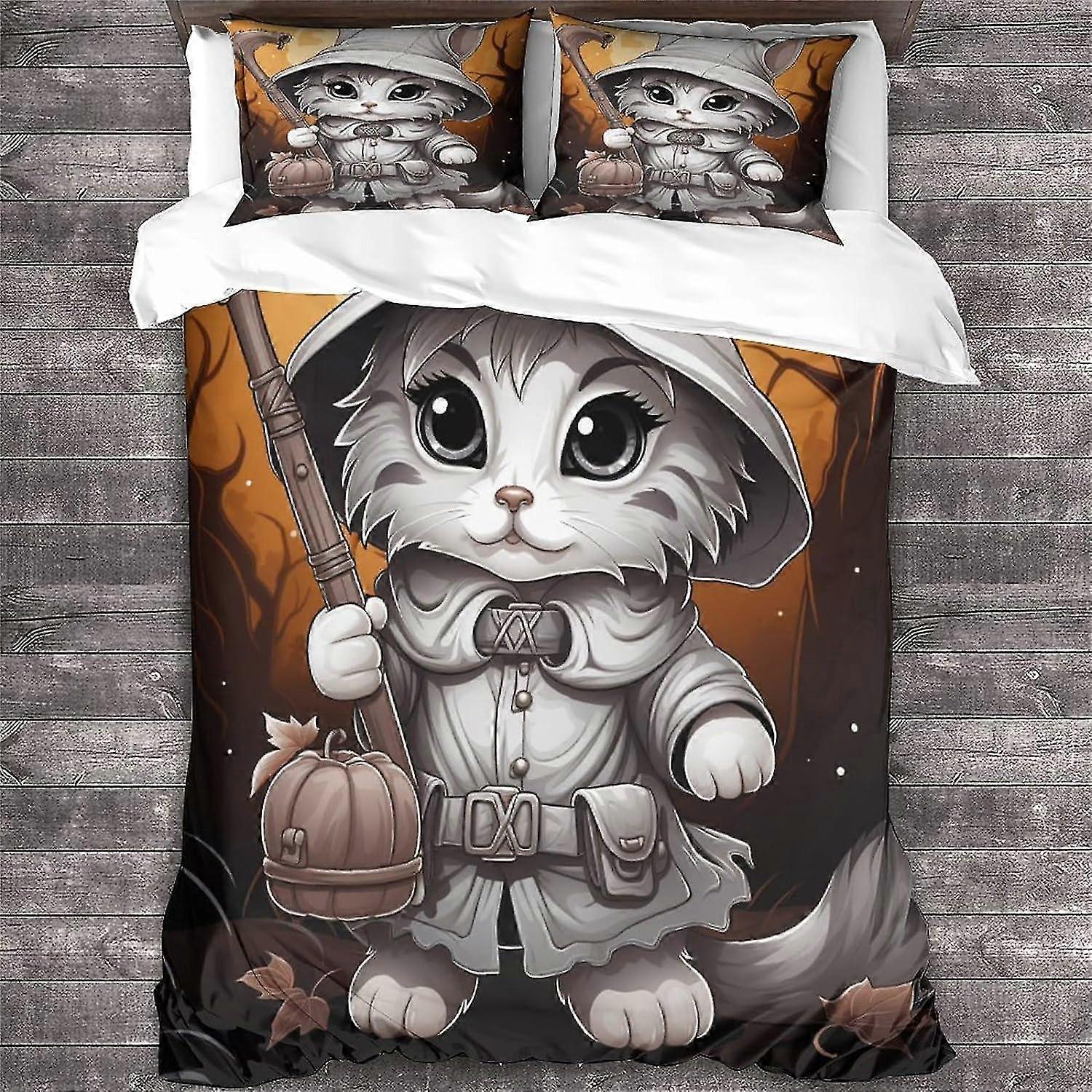 o4899 Bed Sheets Cat Duvet Cover Set, 3D Animal Bedding Set with Microfiber Pillowcases & Zipper Closure Quilt Case Halloween Printed Effect Double B