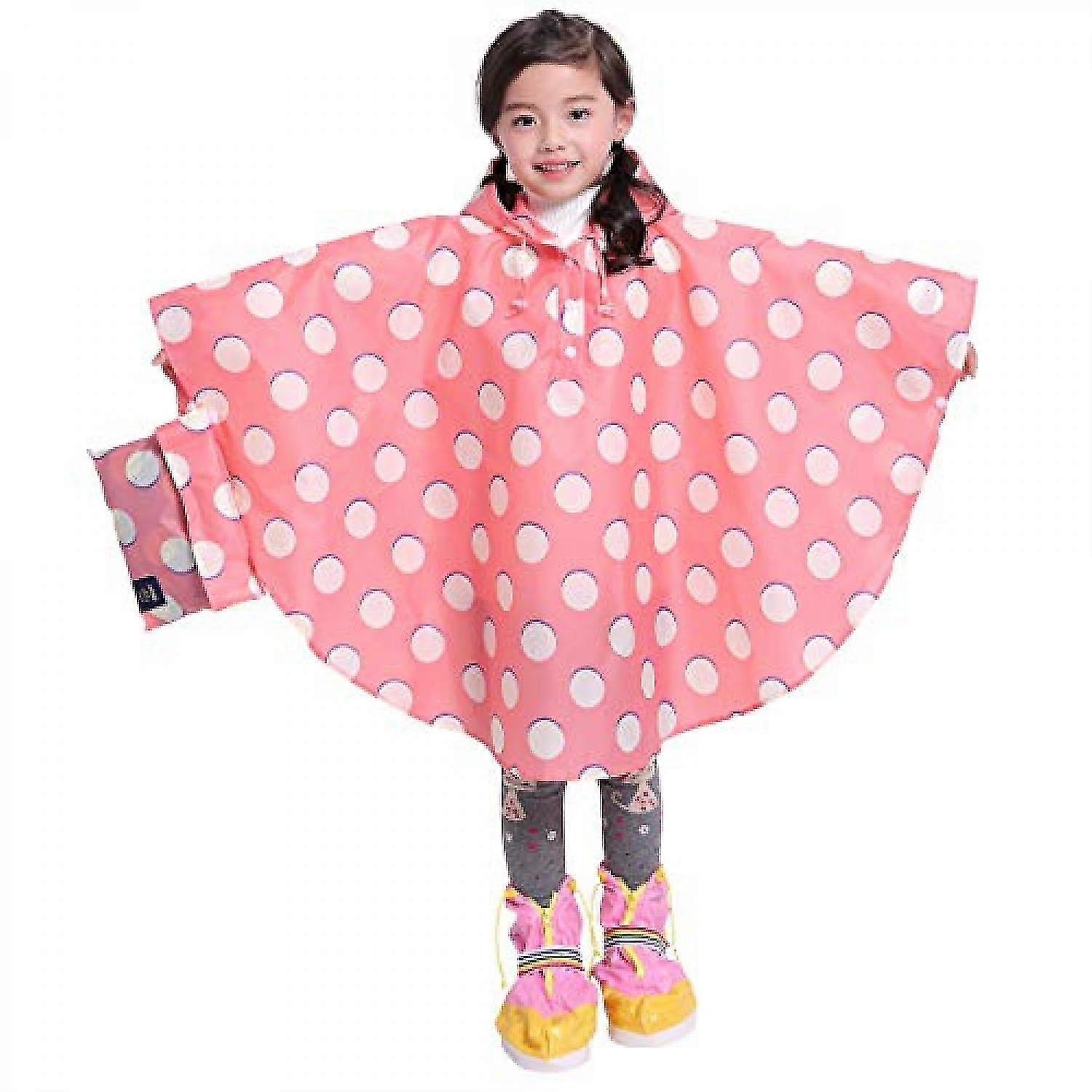 Kids Rain Poncho Hooded Jacket Rain Coat, Pink Polka Dot, L