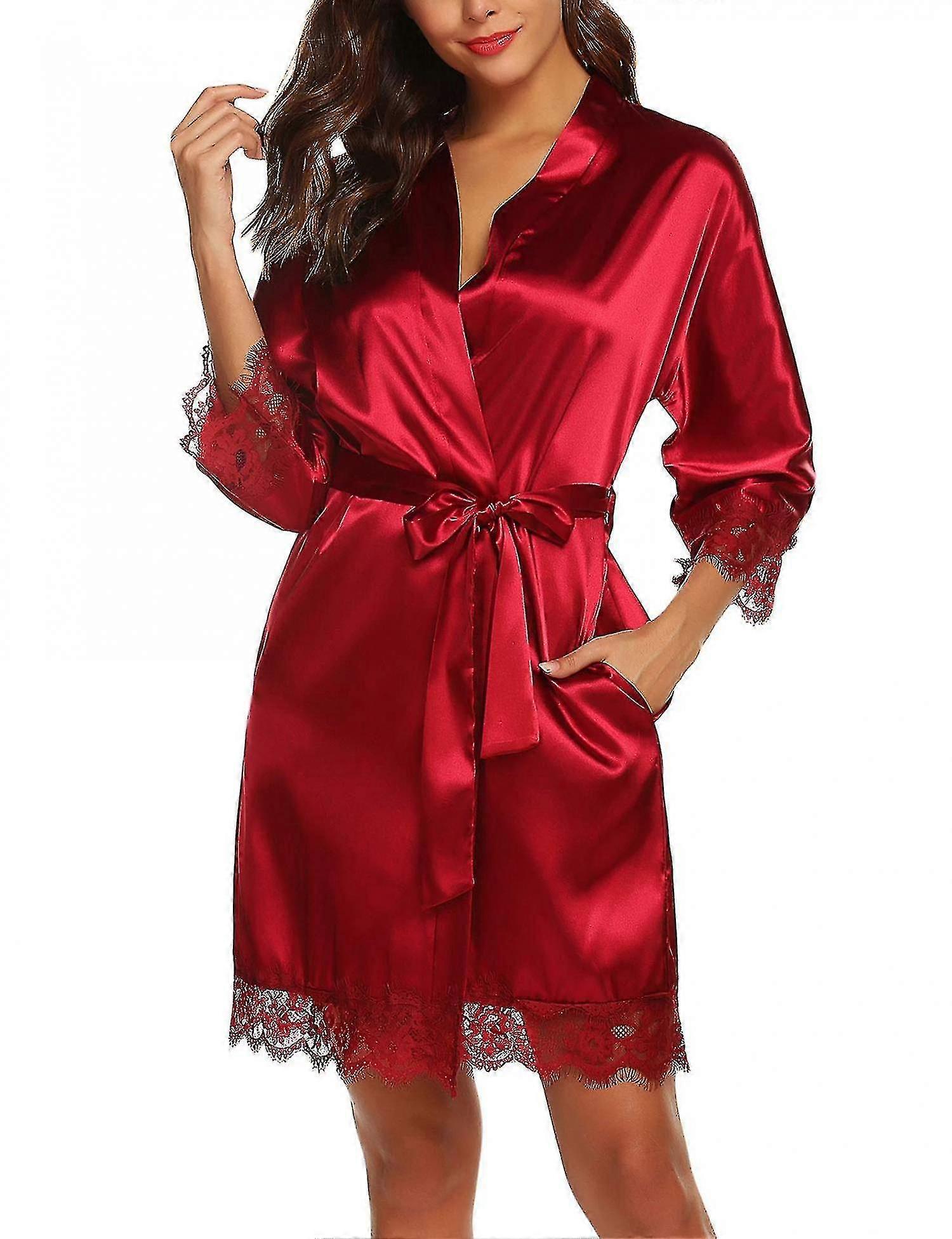 Peignoir en soie satinée pour femme Col en V Col en V Short Kimono Robe Demoiselles d'honneur Robe ------ Rouge (taille L)
