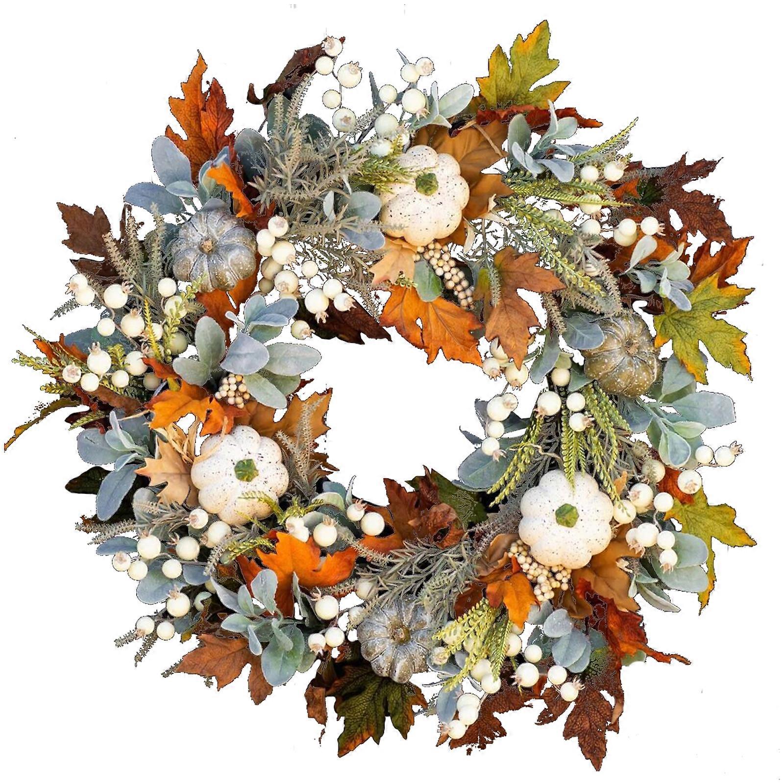 18" Thanksgiving Halloween Wreath for Front Door, Autumn Simulation Wreath, Artificial Wreath with Pumpkin, Maple Leaves, Pine Cone Berry for Hanging 