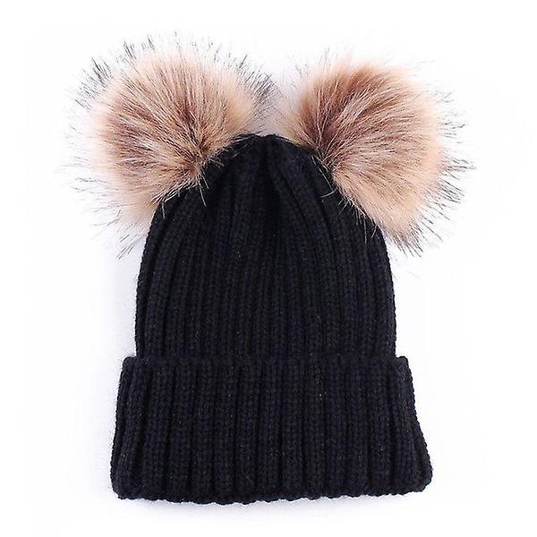 Hat uld strik Bobble Ski Cap Vinter varm strikket hat (sort)