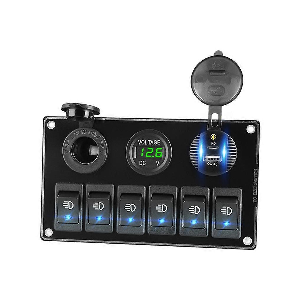6 Position Car Charger LED Voltmeter On/Off PC Power Button Multi Port Sockets