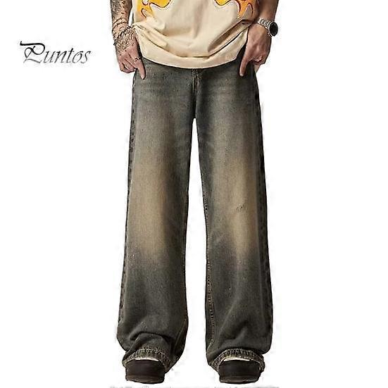 Men Jeans Gradient Contrast Color Wide Leg Loose High Street Retro Hip Hop Straight Full Length Pockets Button Zipper Closure Men Long Denim