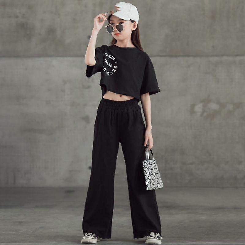 Girls Spring and Summer Big Size Casual Sports Suit Running Suit Long-sleeved Top + Pants Two-piece Set