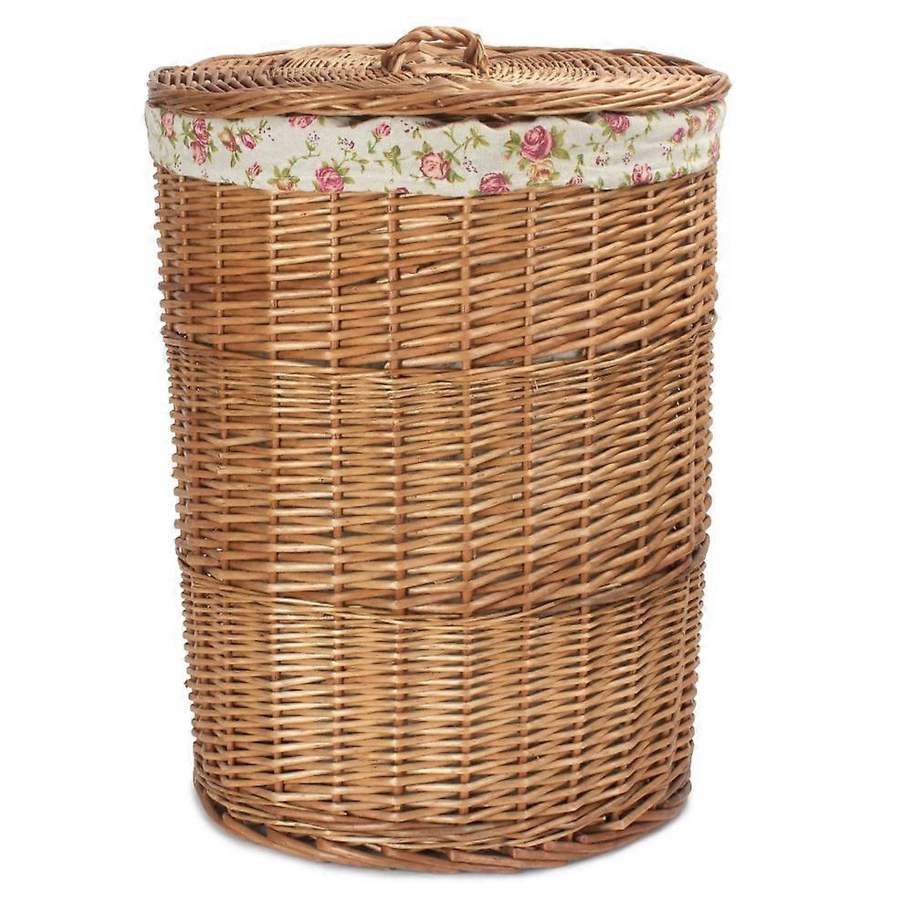 Light Steamed Round Garden Rose Lined Wicker Laundry Basket