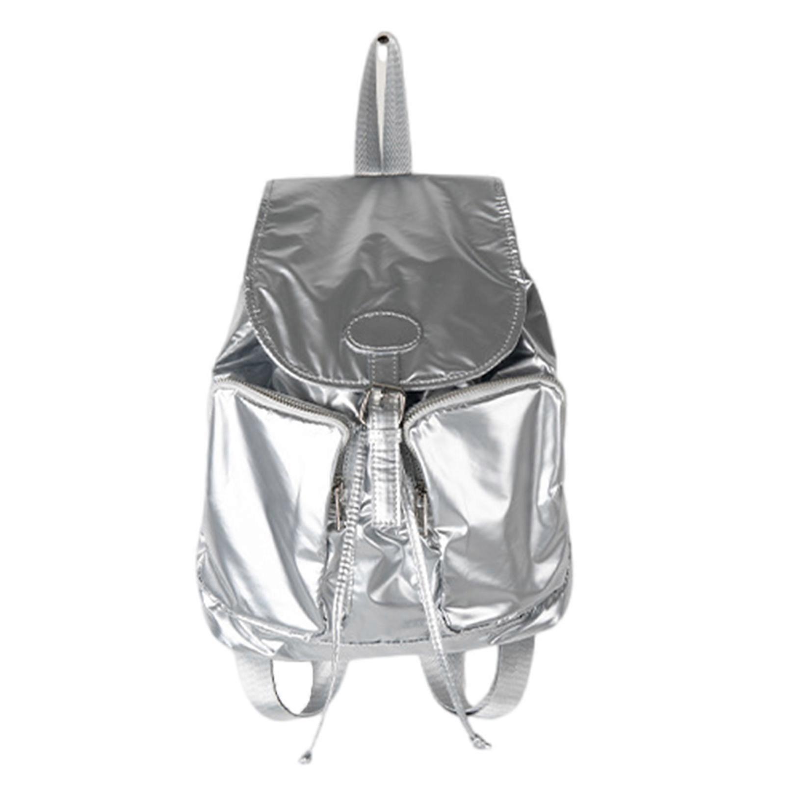 ヴィンテージPUレザーフリップ巾着バックパック女性用マルチポケットバックパックトラベルスクールバッグ調節可能なストラップ付きシルバー