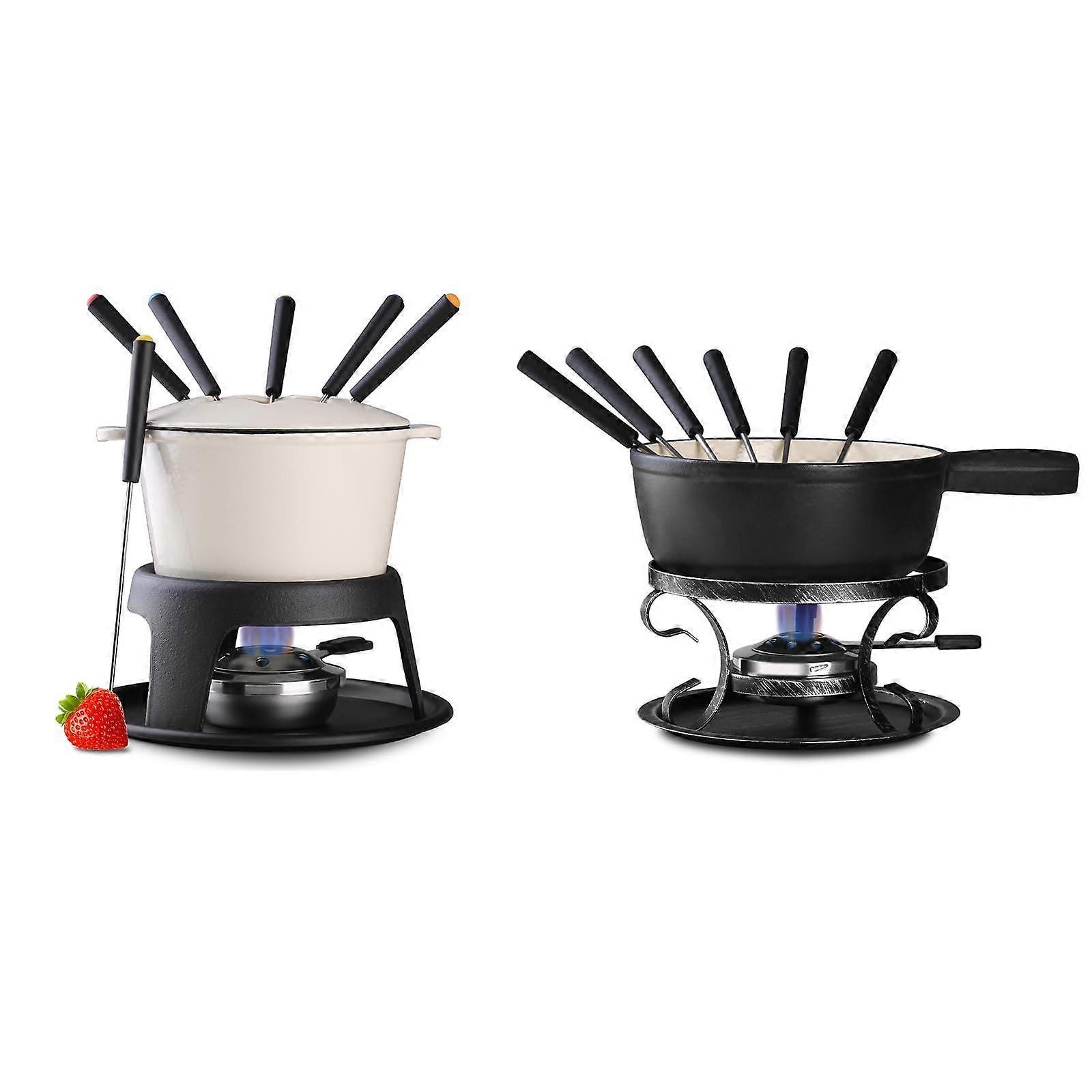 Cast Iron Fondue Pot Set of 2, Swiss Cheese Chocolate Fondue for Camping Party