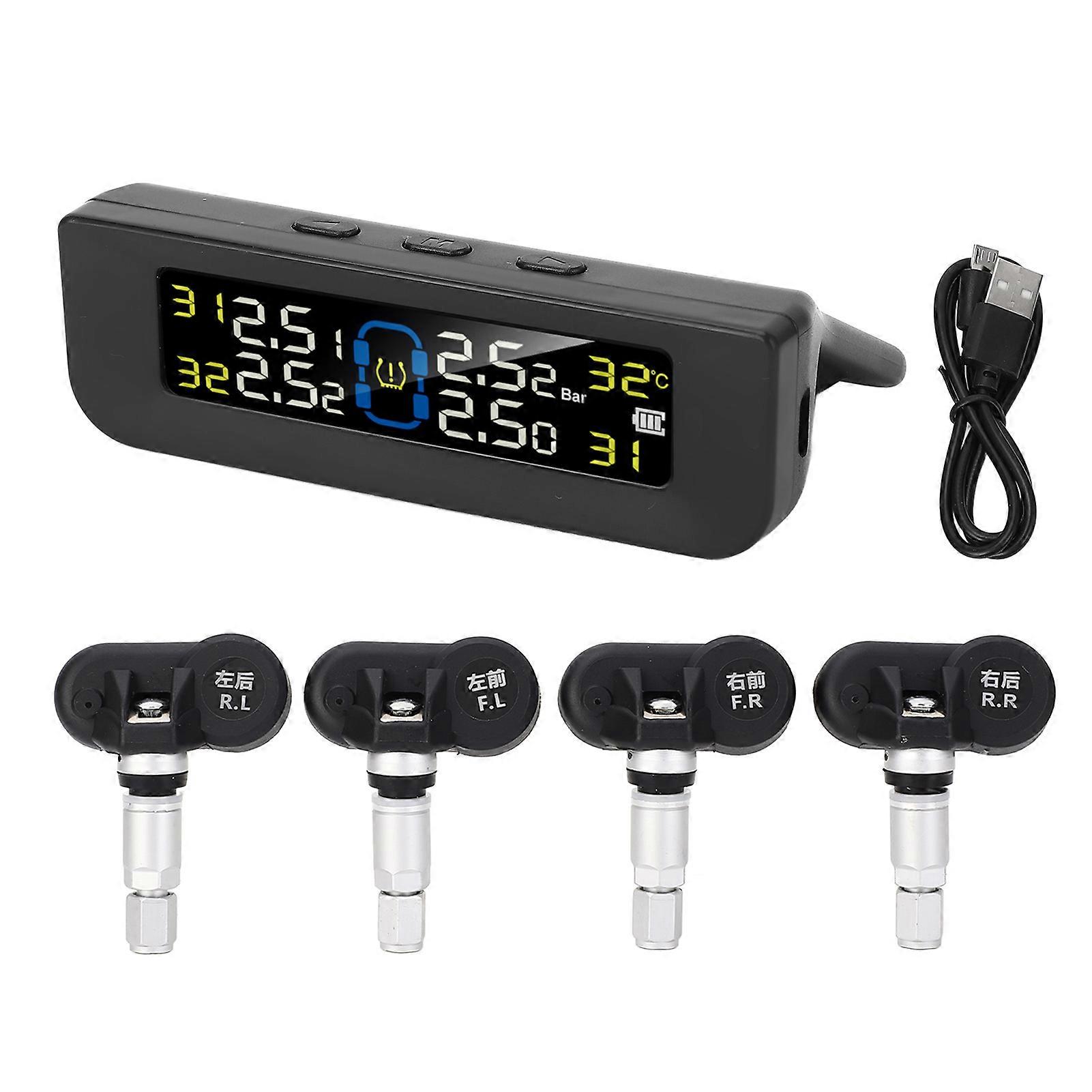 Tire Monitoring System Wireless Solar TPMS Tyre Pressure Monitor with 4 Sensors LCD Display for Car