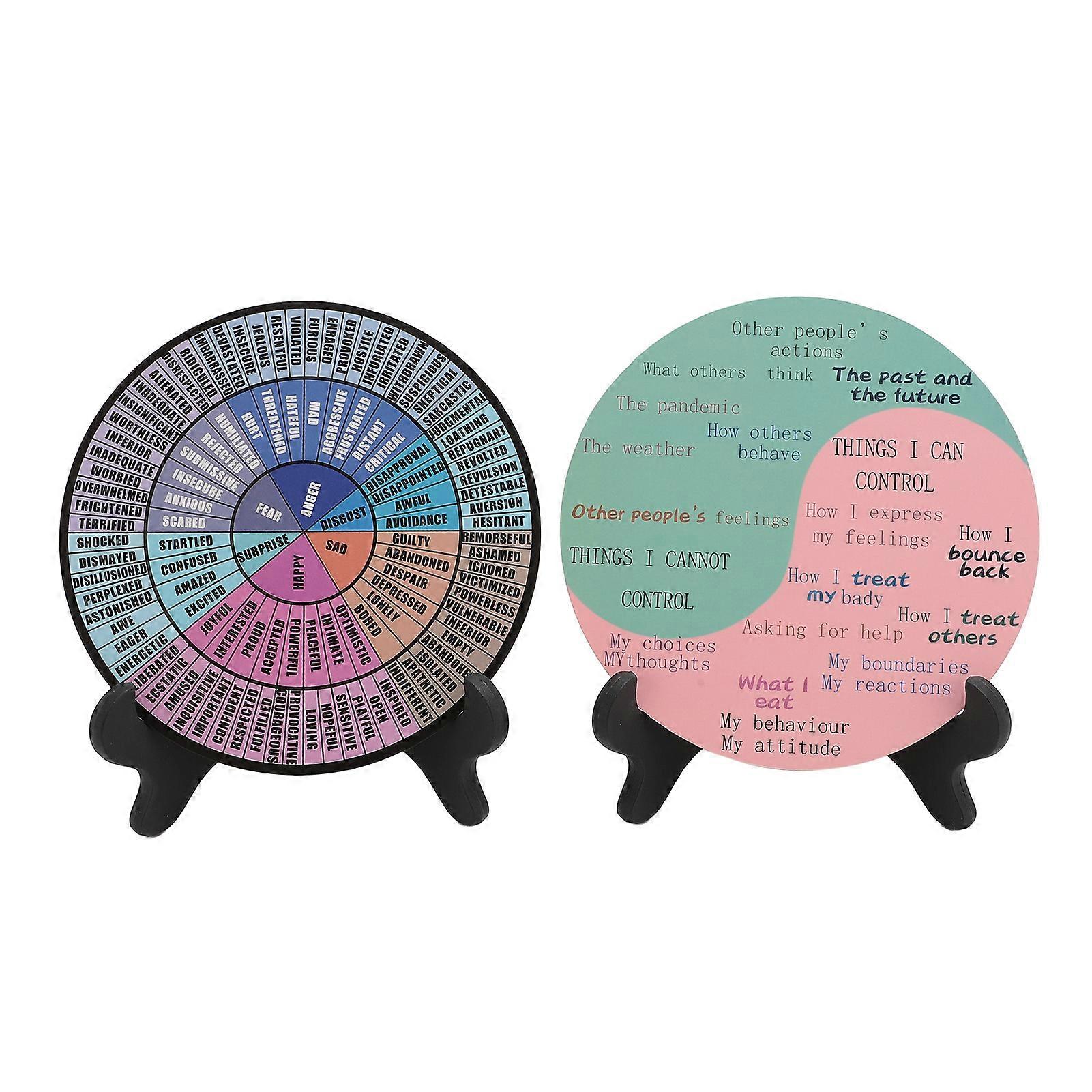 2 Pcs Feelings Wooden Relaxing Mood Calming Emotion Wheel Chart with Plastic Stand for Mental Health