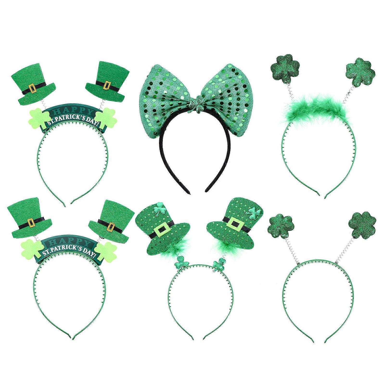 6pcs Green Shamrock Bow Sequins Headband St. Patrick's Day Hair Accessories Random Style Clover Headwear for Adults Festivals Celebrations