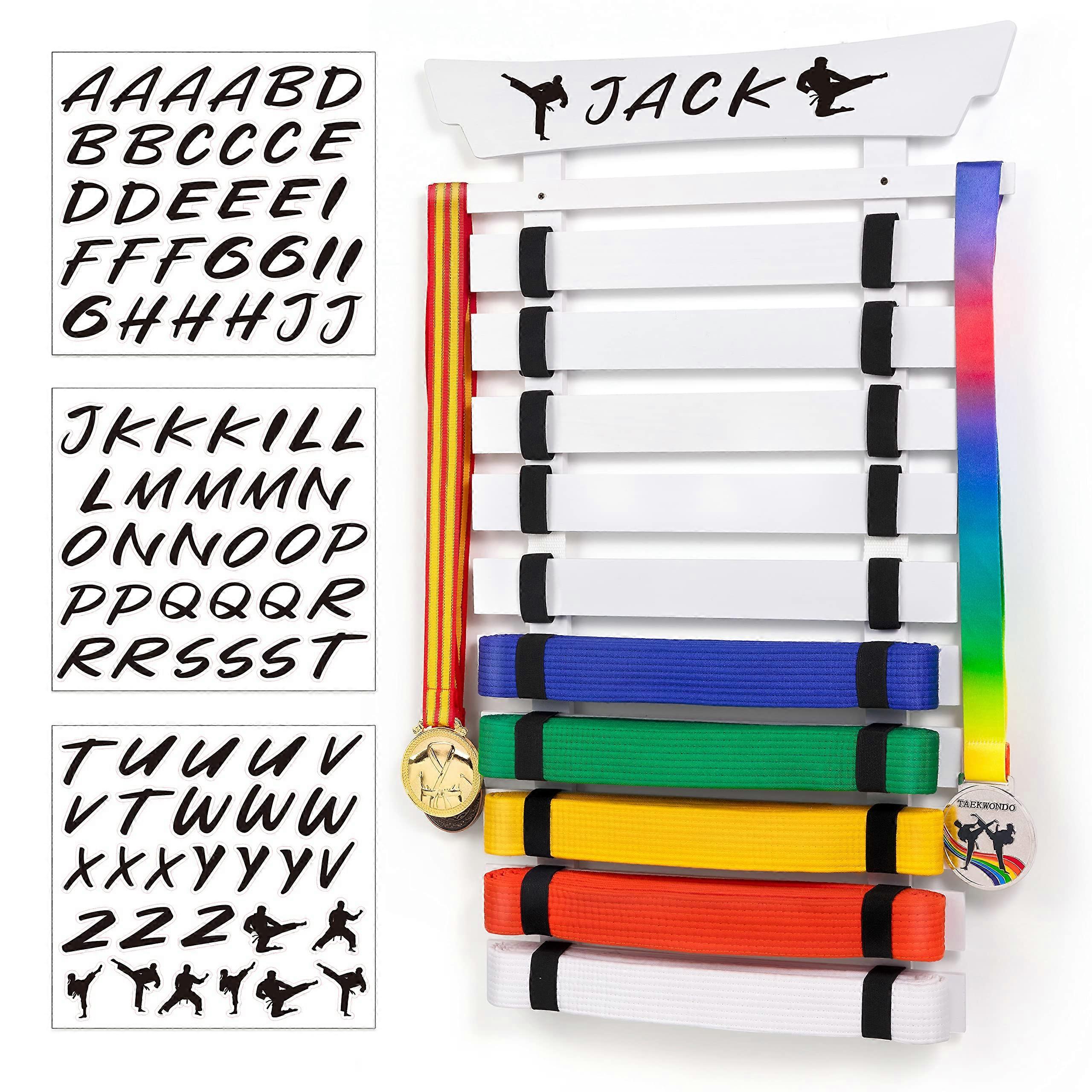 Karate Belt Display Rack For 10 Belts, No Assembly, Martial Arts Display With Stickers, Taekwondo/BJJ Holder, White