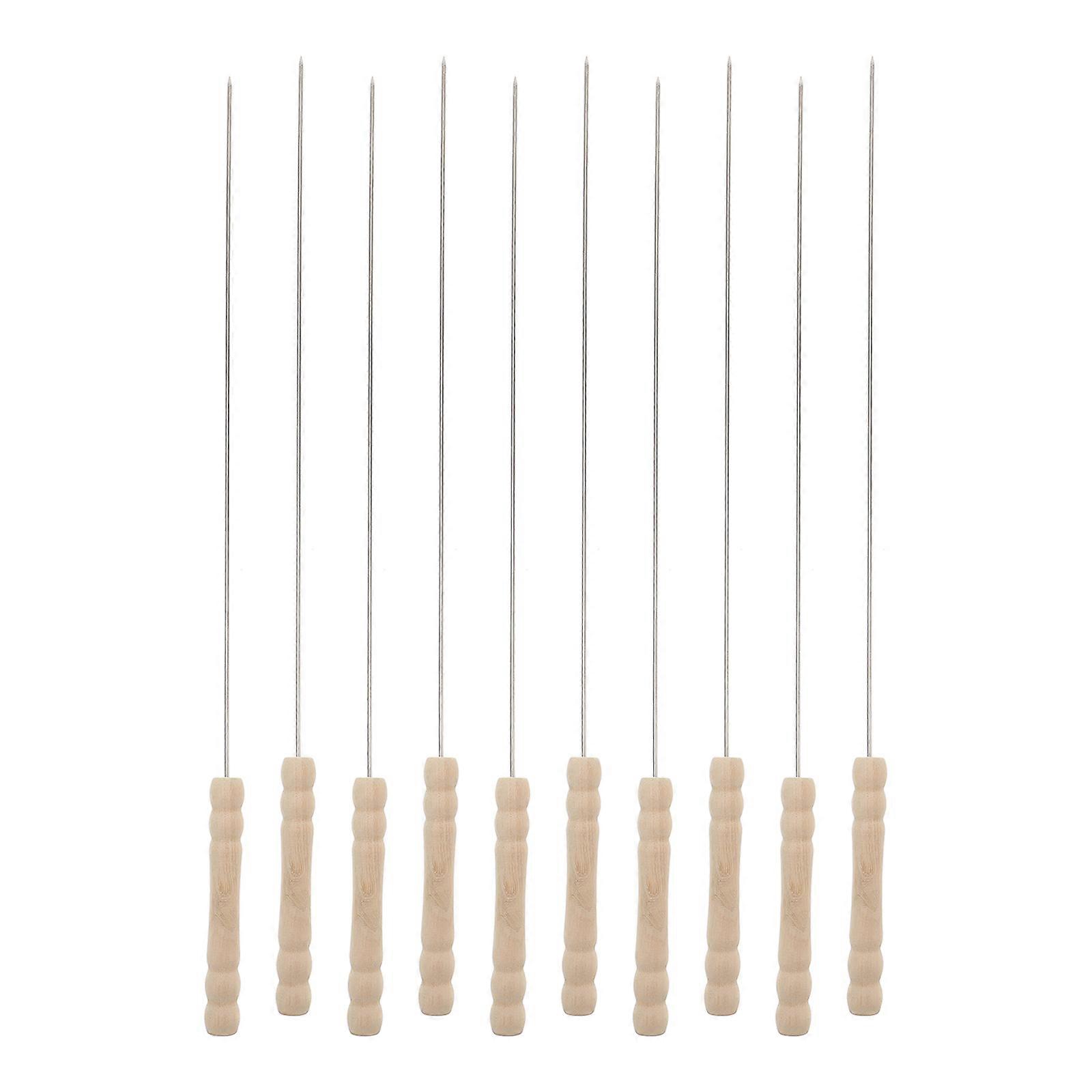 Beige BBQ Skewers with Wood Handle Made of Stainless Steel for Grilling 10 Pieces