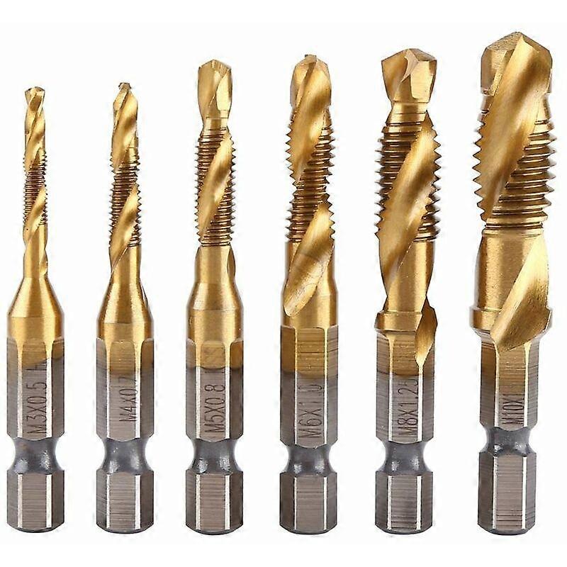 Set of 6 thread taps, metric M3-M10 thread with HSS titanium coating and 1/4" hex spline shank tapping bits for tapping different threads.