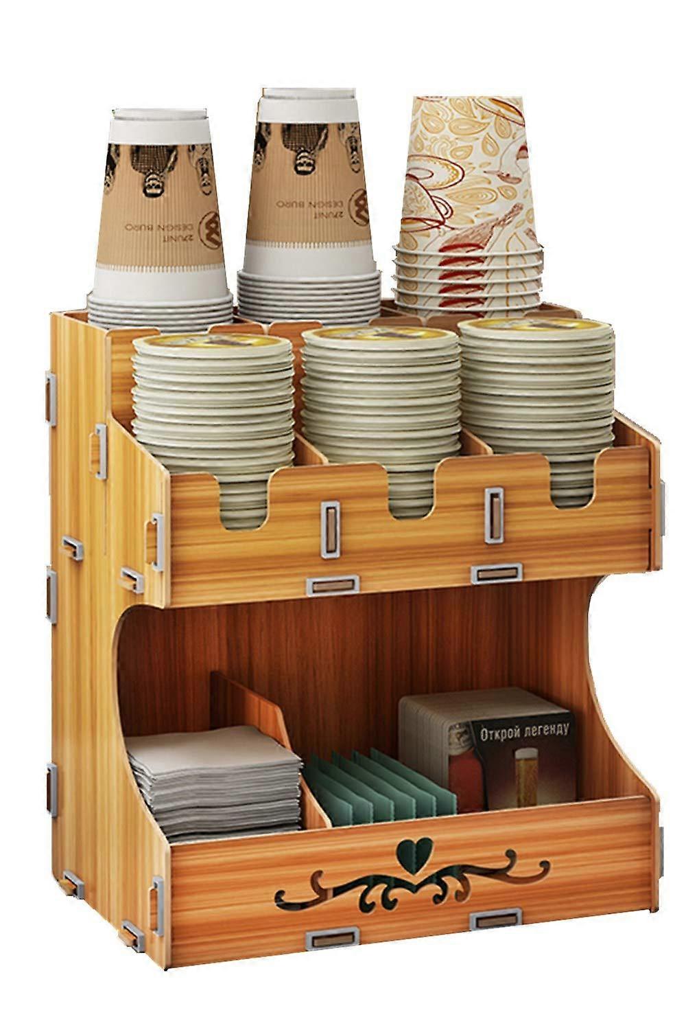 Storage Box Cup Organizer For Disposable And Paper Cups, Brown, With Multiple Compartments, Lids And Straws