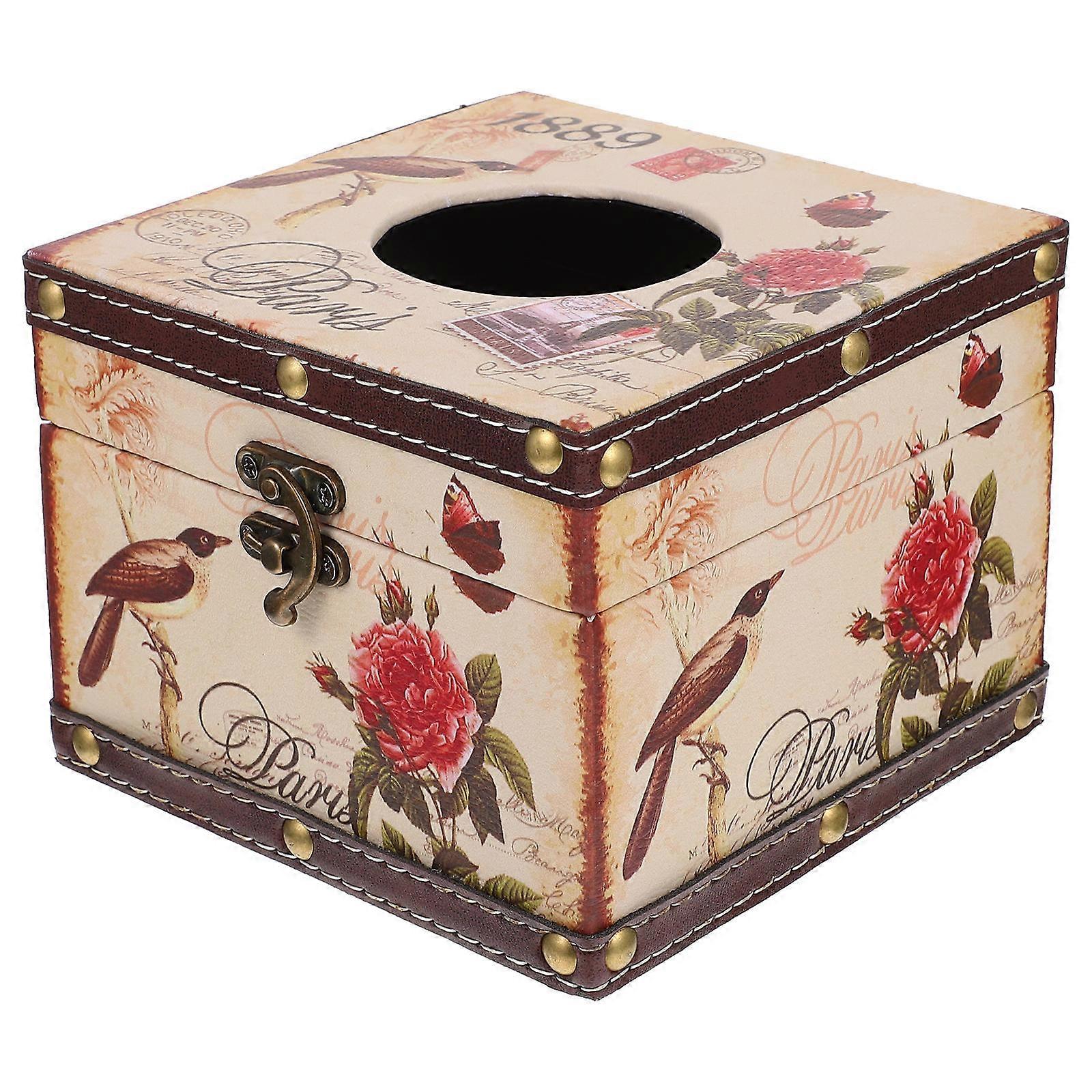 Creative Tissue Box Cover Tissue Holder Home Use Beige Wood Leather Decorative 1Pack