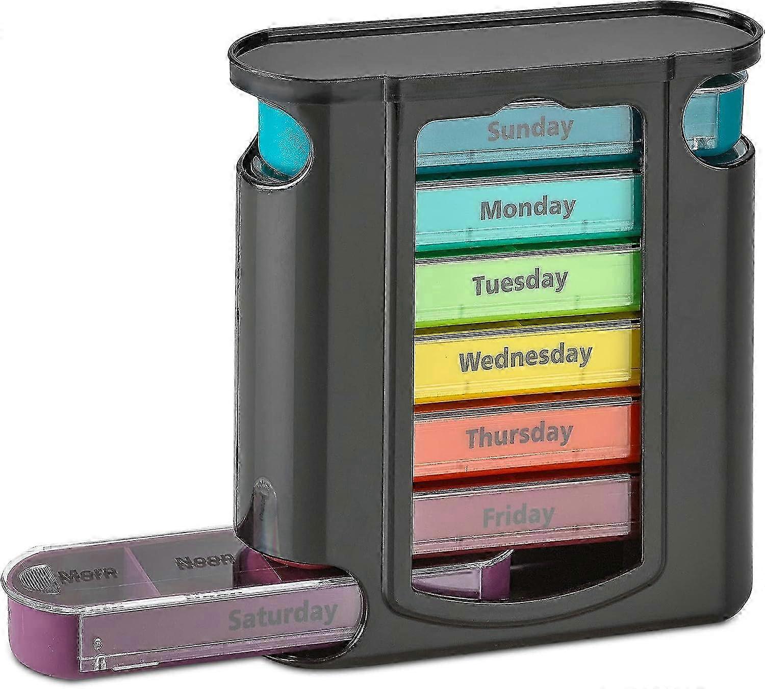 Weekly, 1 dispenser, 7 compartments, stackable four times a day - morning, noon, evening and bedtime, black